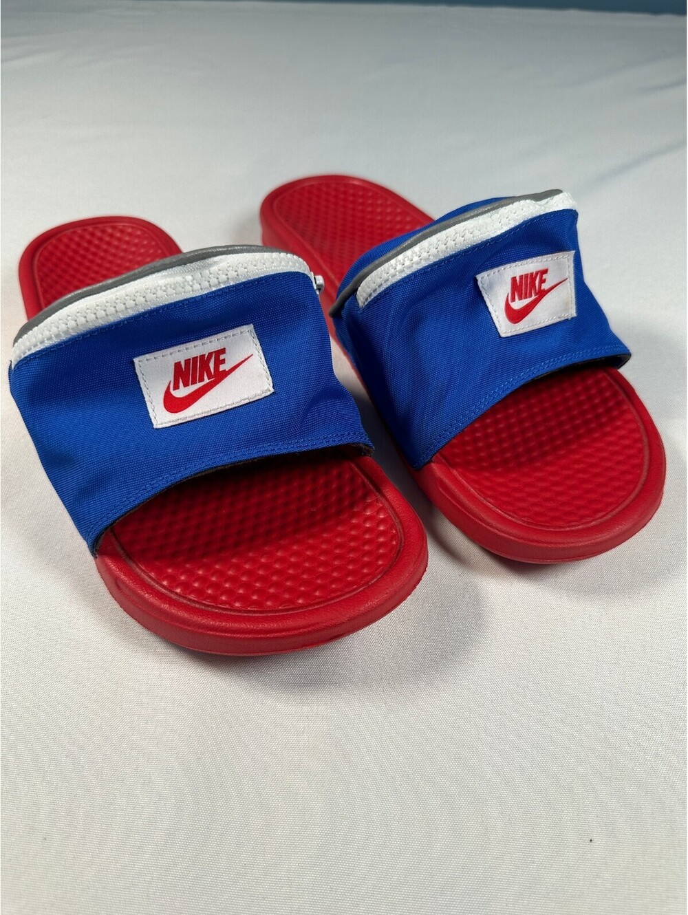 Nike Benassi JDI Fanny Pack Slides Blue Red Zipper Pouch Sandals Men's Size 12